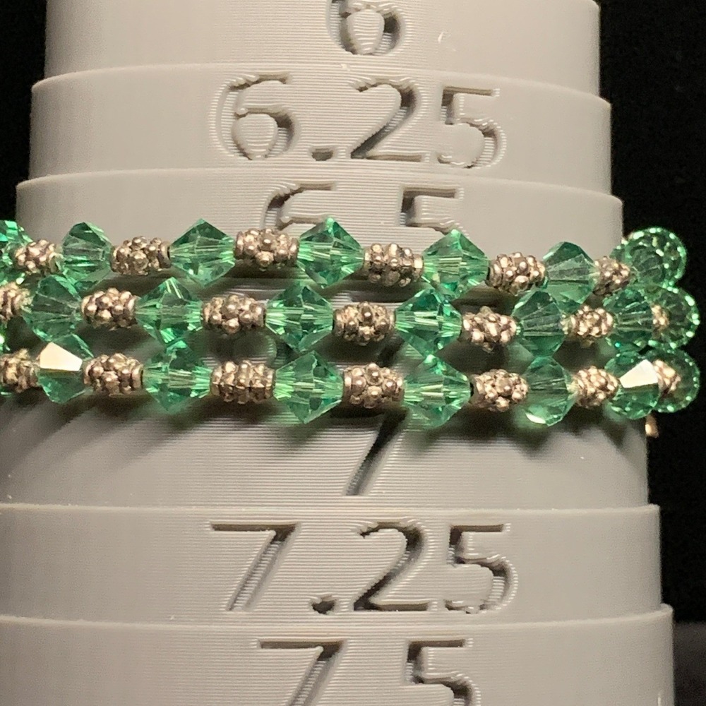 Green Bicone Crystal Triple Strand Bracelet Silver Tone Multi Layer 8.75 Inch